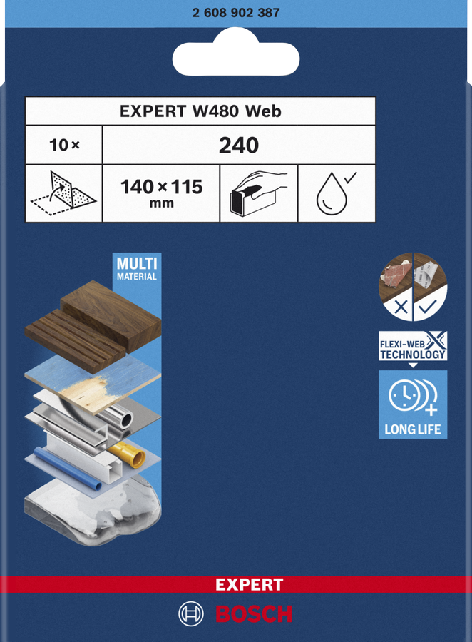EXPERT W480 Web 1/4 inch Hand Sanding Sheet, 115 x 140 mm, G240