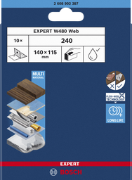 [2608902387] Hoja de lija para lijado a mano EXPERT W480 Web de 1/4 de pulgada, 115 x 140 mm, G240